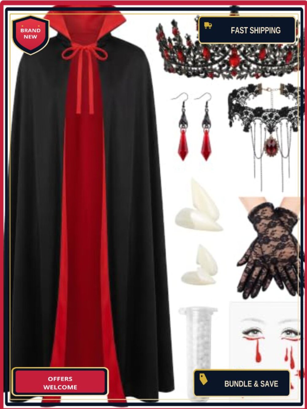 Vampire Cape Costume Set Reversible Cloak Crown Choker Gloves Fangs Halloween